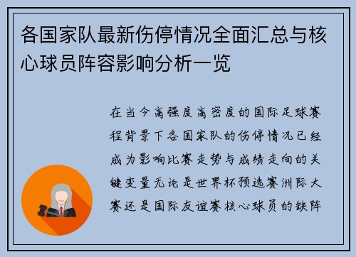 各国家队最新伤停情况全面汇总与核心球员阵容影响分析一览