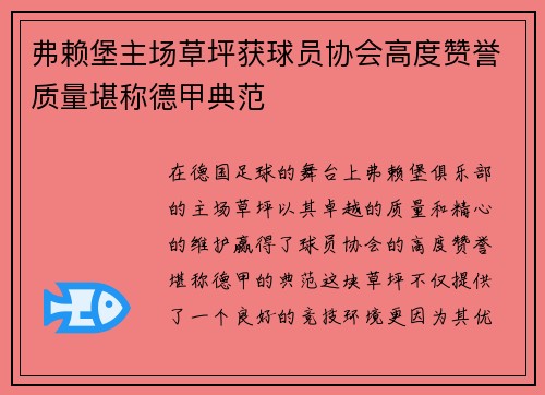 弗赖堡主场草坪获球员协会高度赞誉质量堪称德甲典范